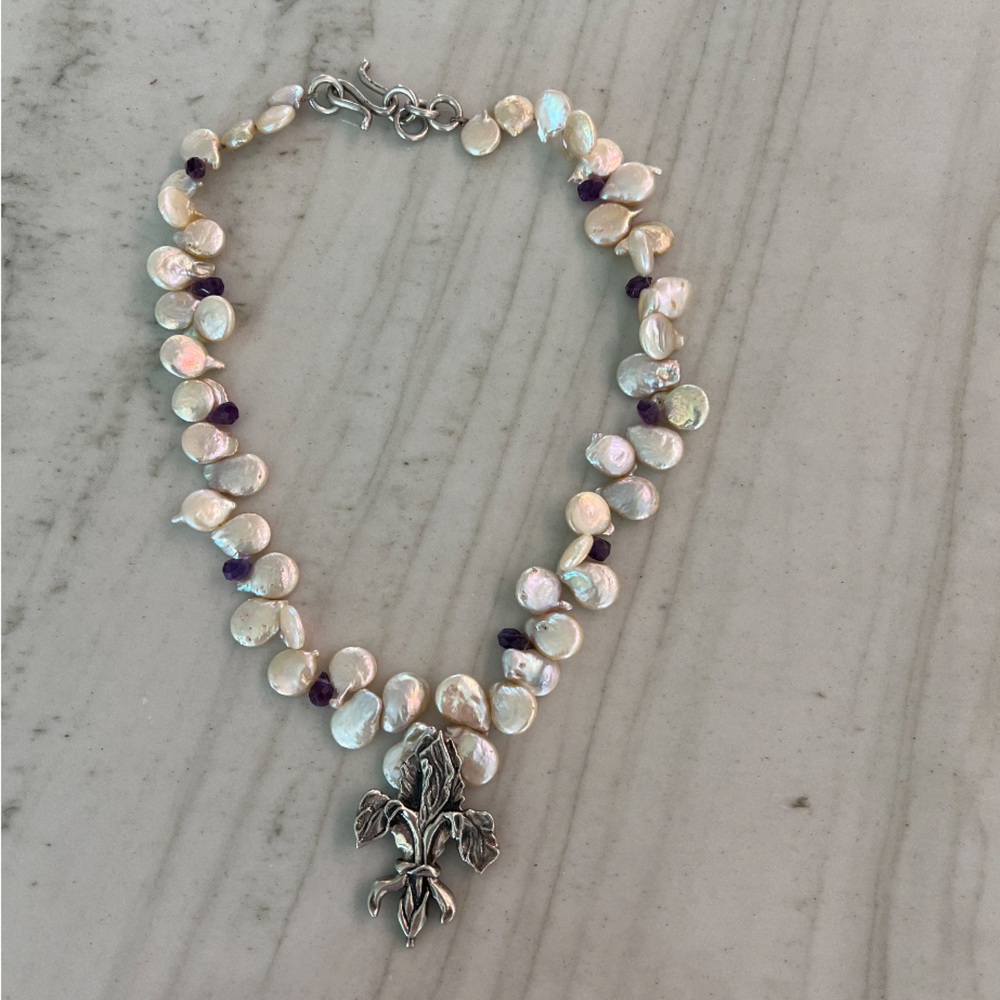Gorgeous Mignon Faget Fleur De Lis Iris Necklace-Baroque Pearl